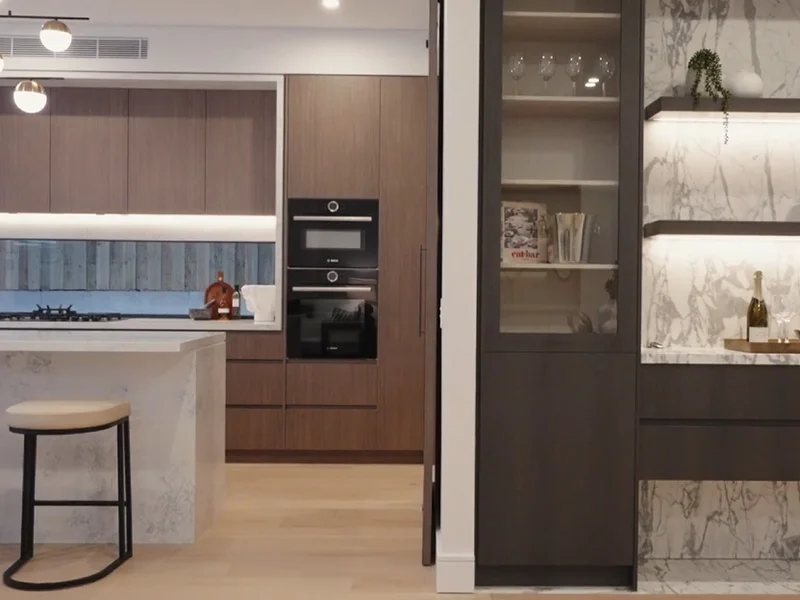 Built-in wall oven installed within timber kitchen cabinetry at Boyce Road, Maroubra