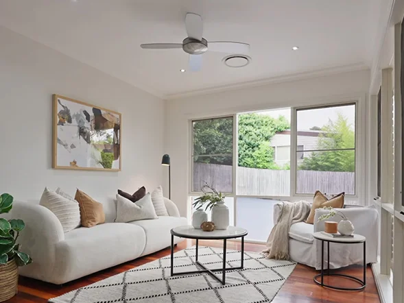 Ceiling fan installation in bright living room at Beecroft Road, Beecroft