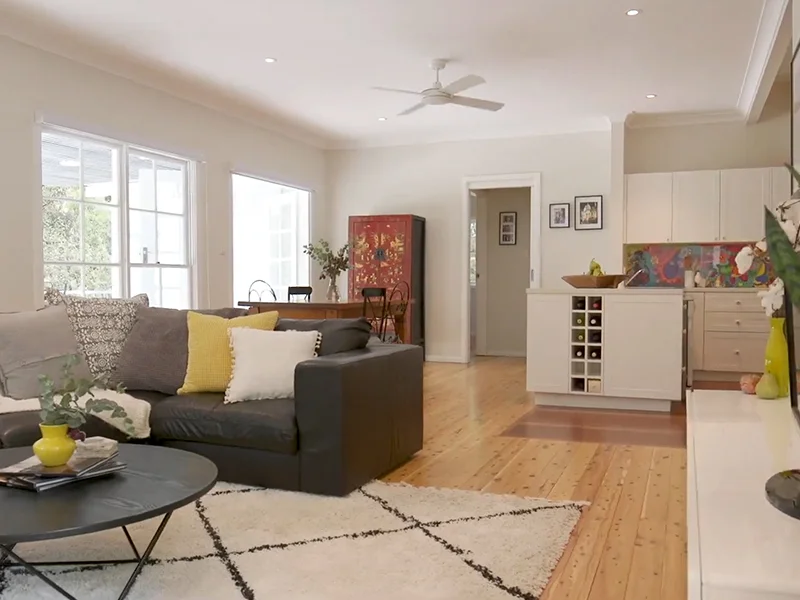 Modern ceiling fan installation in open-plan living room at Nepean Avenue, Normanhurst