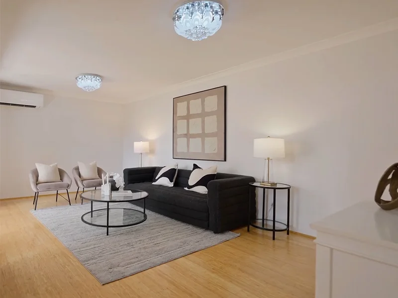 Ceiling light installation with decorative flush mount fixtures in living room at Ridge Street, North Sydney
