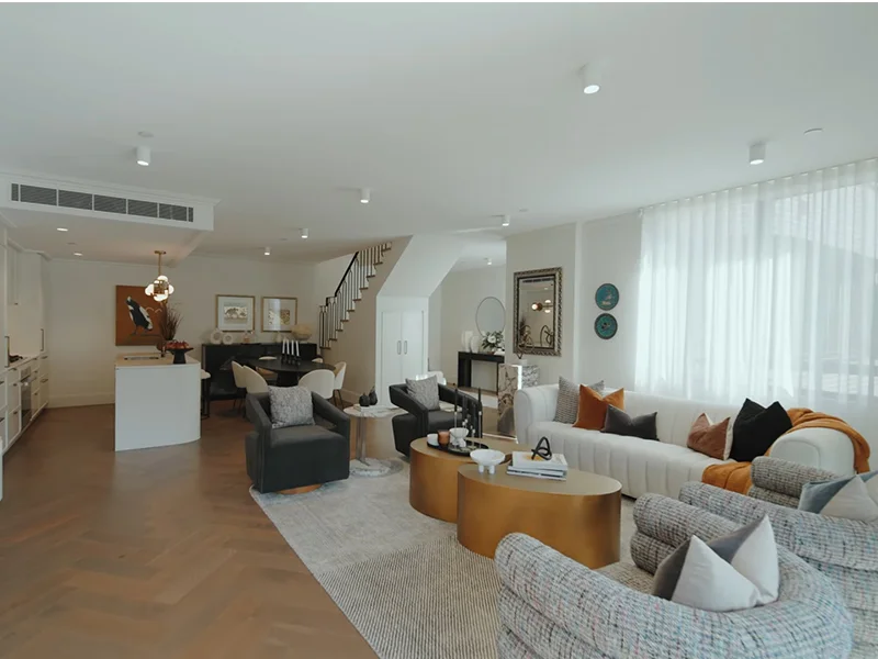 Modern ceiling lighting installation in open-plan living and dining area at Harriette Street, Neutral Bay