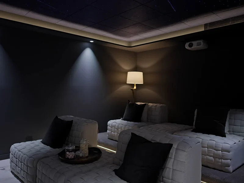 Home cinema ambient lighting and wall downlights installed in theatre room at Waterhouse Ave, St Ives