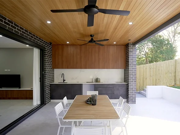 Ceiling fan installation in covered outdoor alfresco area at Maple Crescent, Ermington