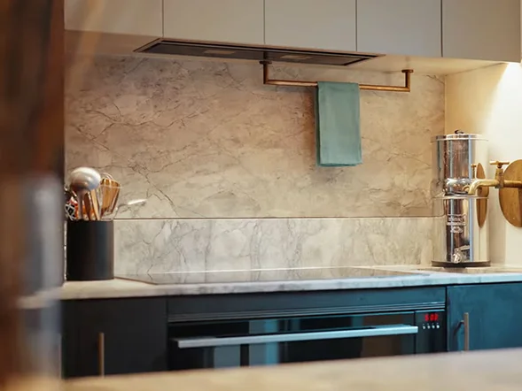 Built-in electric oven installed beneath marble benchtop in modern kitchen at Leichhardt Street, Glebe