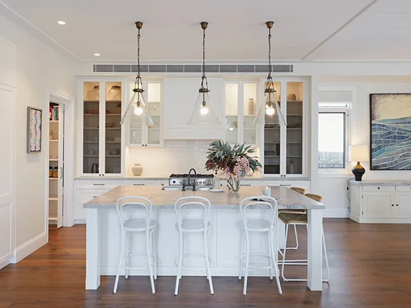 Pendant lighting installation in modern kitchen at Moverly Road, South Coogee