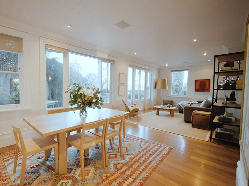 Recessed ceiling lights installed in open-plan living and dining area at Mitchell Street, Greenwich