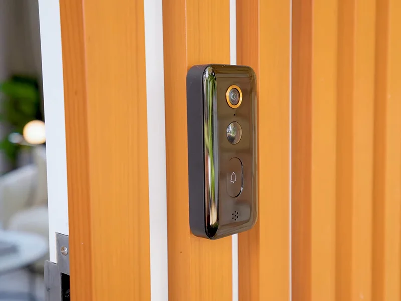 Video doorbell installed on timber entry door frame at Fourth Avenue, Willoughby