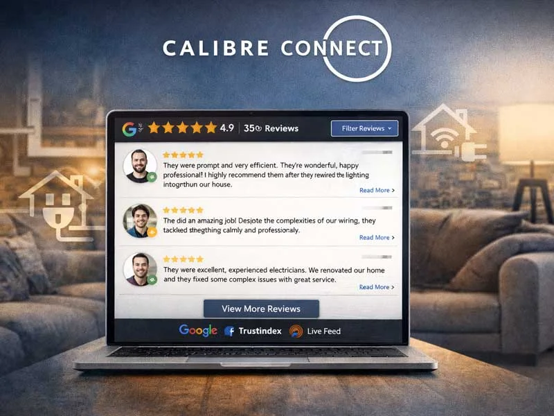 Calibre Connect live Google reviews displayed on laptop showing real customer feedback for Sydney electrical services