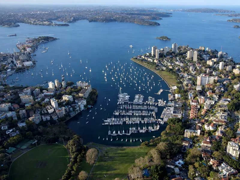 Aerial view of luxury homes in Rushcutters Bay and the Eastern Suburbs, where Calibre Connect specializes in premium electrical work