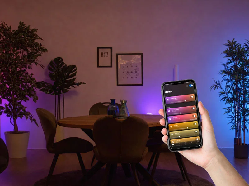 Philips smart lighting system controlled via mobile app with colour-changing LED ambient lighting