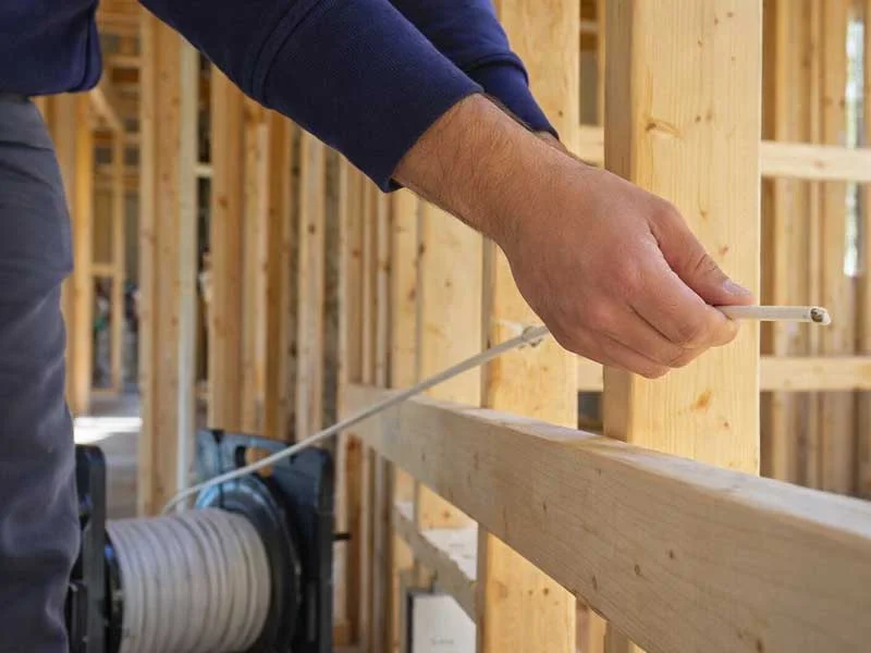 Calibre Connect electrician pulling electrical cable through timber wall framing during house rewiring in Sydney home