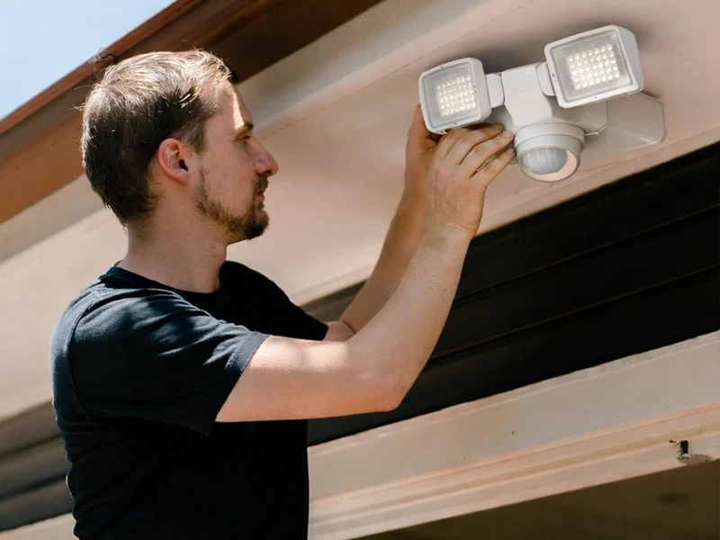 Calibre Connect installing LED motion sensor security light under house eaves using ladder