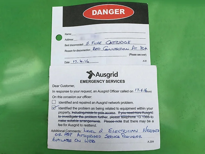 Ausgrid electrical defect notice requiring Level 2 electrician rectification in Sydney