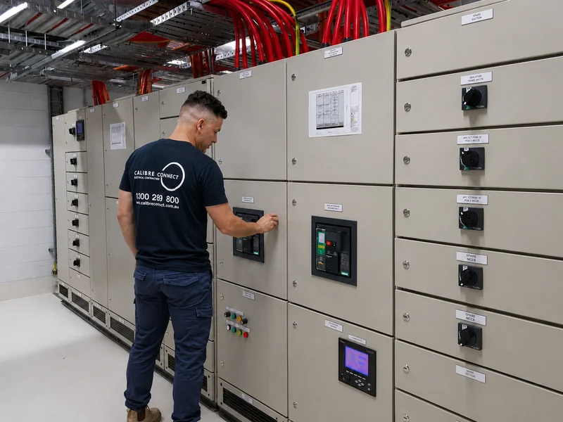 Calibre Connect electrician testing RCD protection on a commercial main switchboard with multiple breaker panels in Sydney