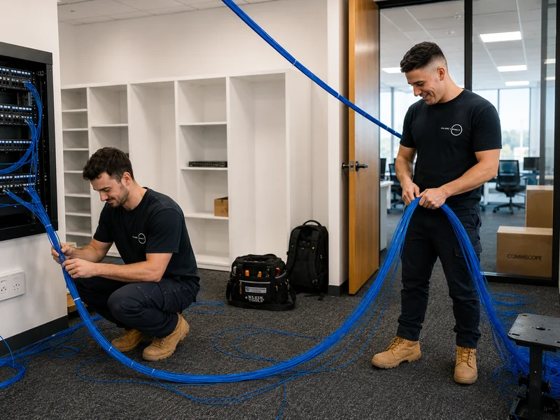 Calibre Connect technicians running blue data cabling at a network rack during an office fit-out installation in Sydney