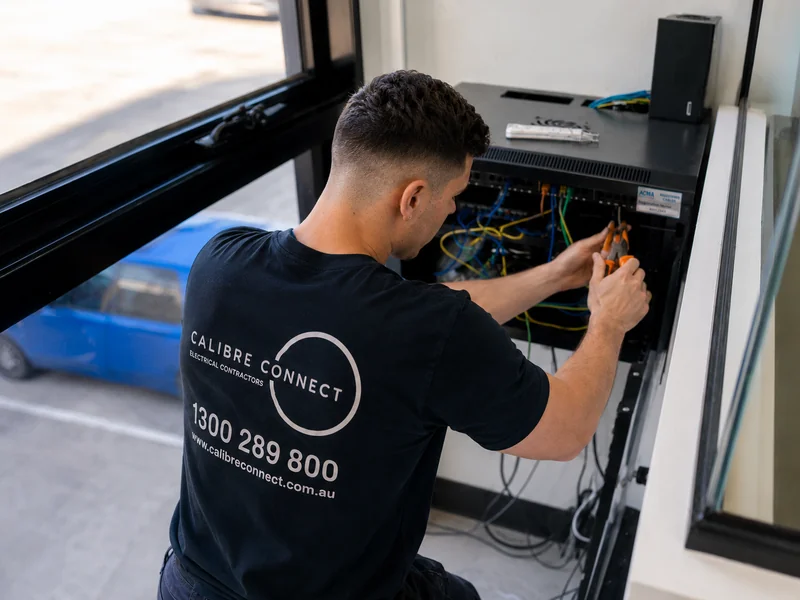 Calibre Connect technician terminating network cabling at an equipment rack, illustrating the typical data cabling installation process in Sydney