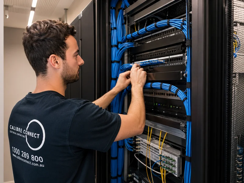 Calibre Connect technician terminating blue network cables in a server rack and comms cabinet during data cabling installation in Sydney