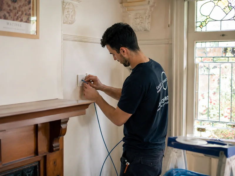 Calibre Connect technician installing a data point wall outlet in a heritage Sydney home with a stained glass window