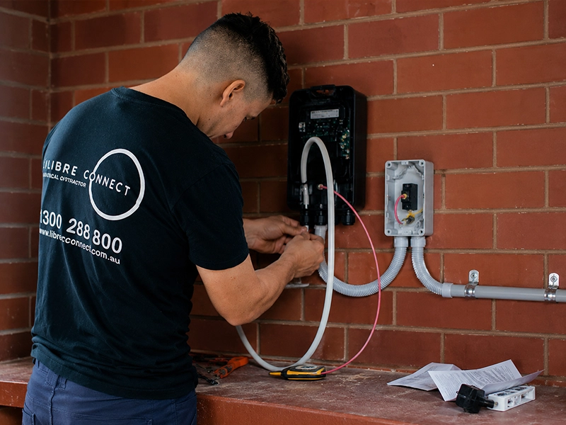 Calibre Connect electrician wiring an EV charger during the installation process at a Sydney home