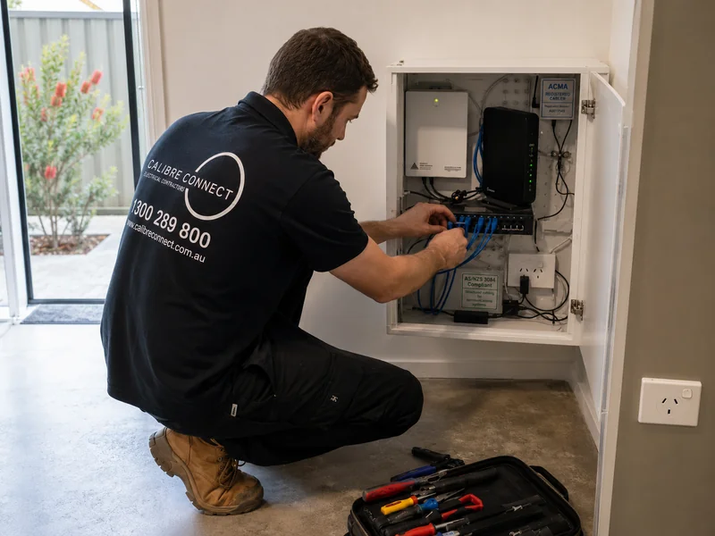 Calibre Connect technician integrating NBN connections at a home data enclosure for FTTP, FTTC and HFC services in Sydney