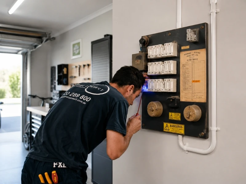 Calibre Connect electrician inspecting an old ceramic-fuse switchboard with asbestos warning labels during an electrical safety inspection in Sydney