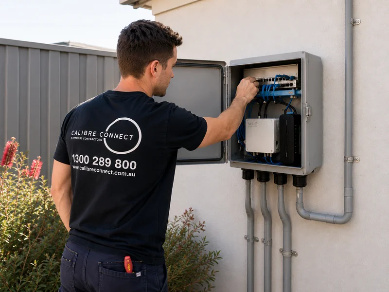 Calibre Connect technician working inside an outdoor IP65 weatherproof network boundary enclosure built for coastal conditions in Sydney
