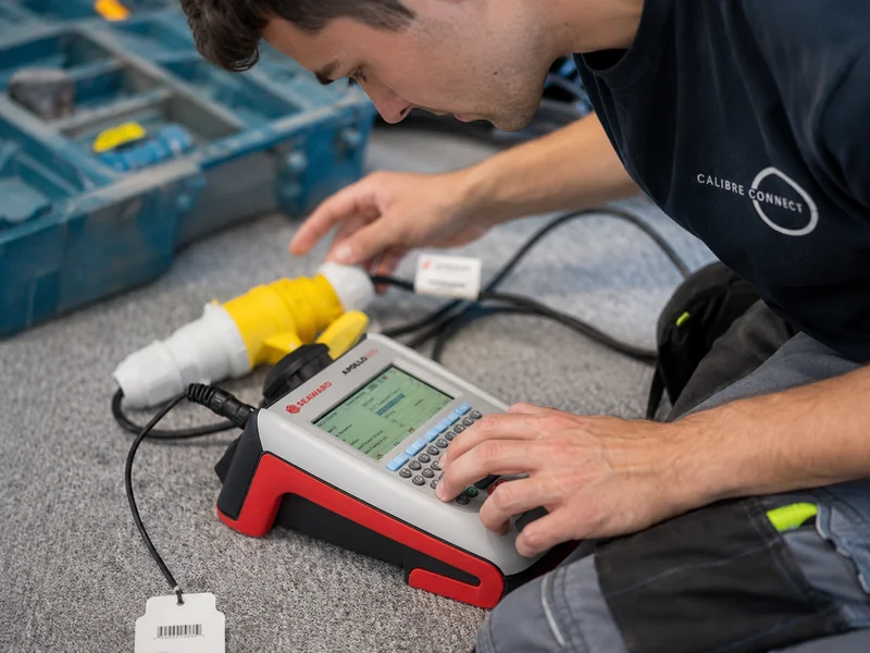 Calibre Connect electrician testing a portable RCD adapter with a Seaward trip-time tester on a Sydney job site