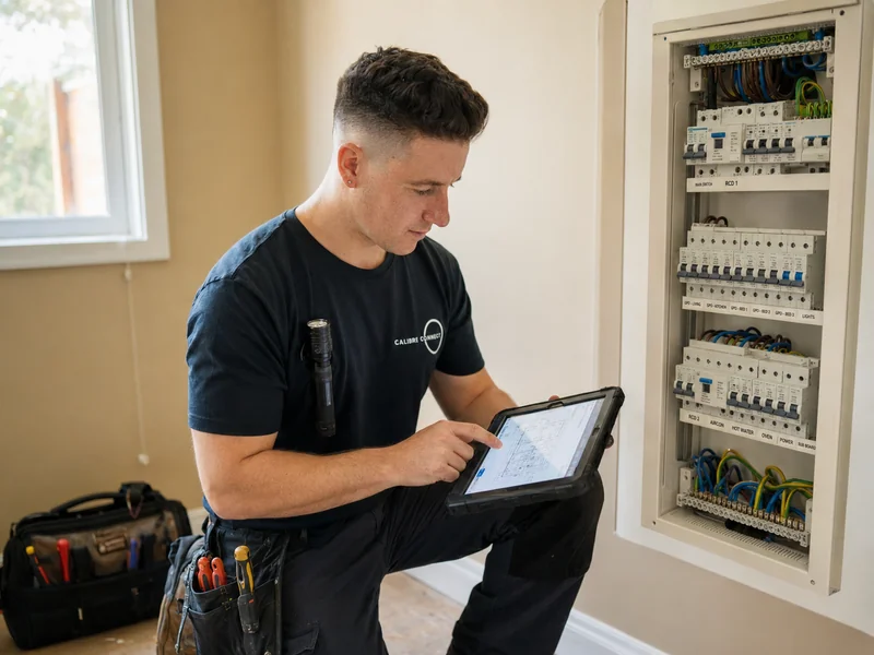 Calibre Connect electrician recording RCD test results on a tablet to issue a compliance certificate in front of a switchboard in Sydney