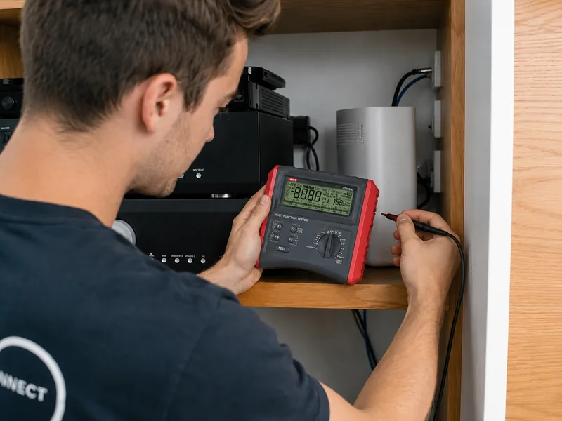 Calibre Connect electrician using a handheld RCD tester on a home appliance cabinet during a residential safety switch test in Sydney