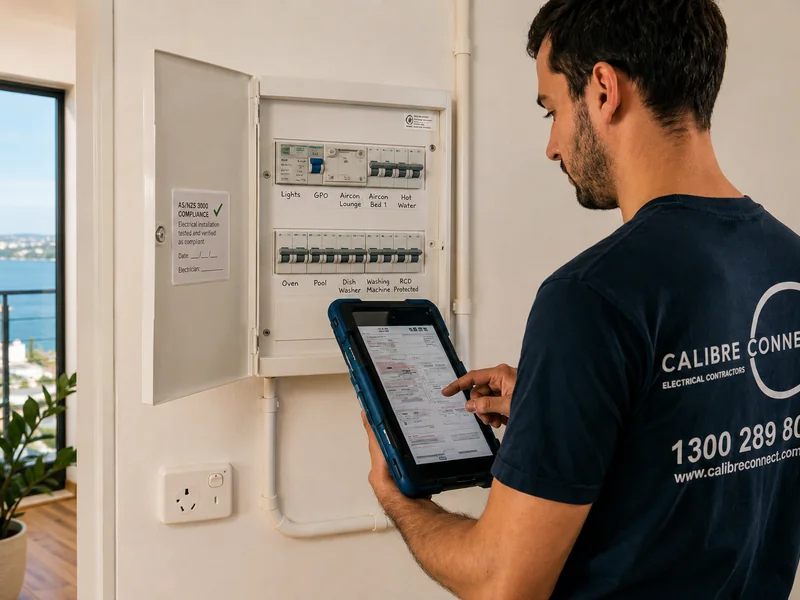 Calibre Connect electrician recording findings on a tablet at a residential switchboard during an electrical safety inspection in a Sydney home