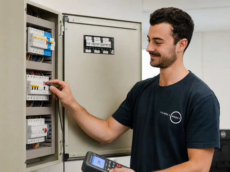 Calibre Connect electrician pressing the RCD test button on a switchboard during a quarterly safety switch check in Sydney
