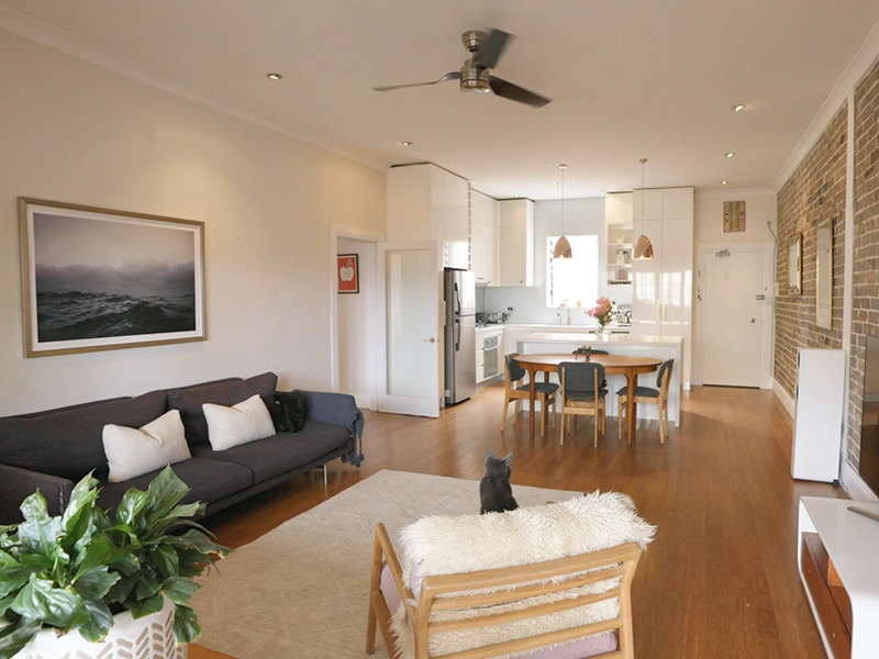 Ceiling fan installed in a Sydney Art Deco apartment living and dining area