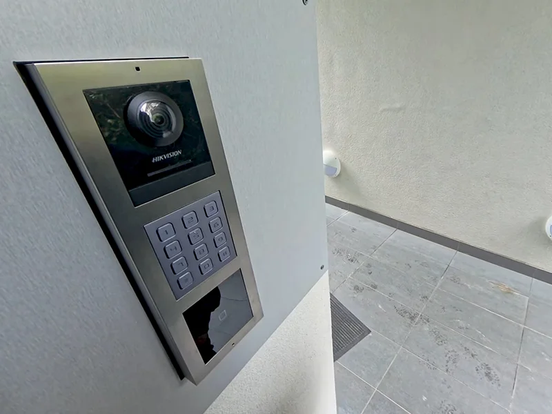 Commercial intercom system with camera and keypad installed at a Sydney building entry