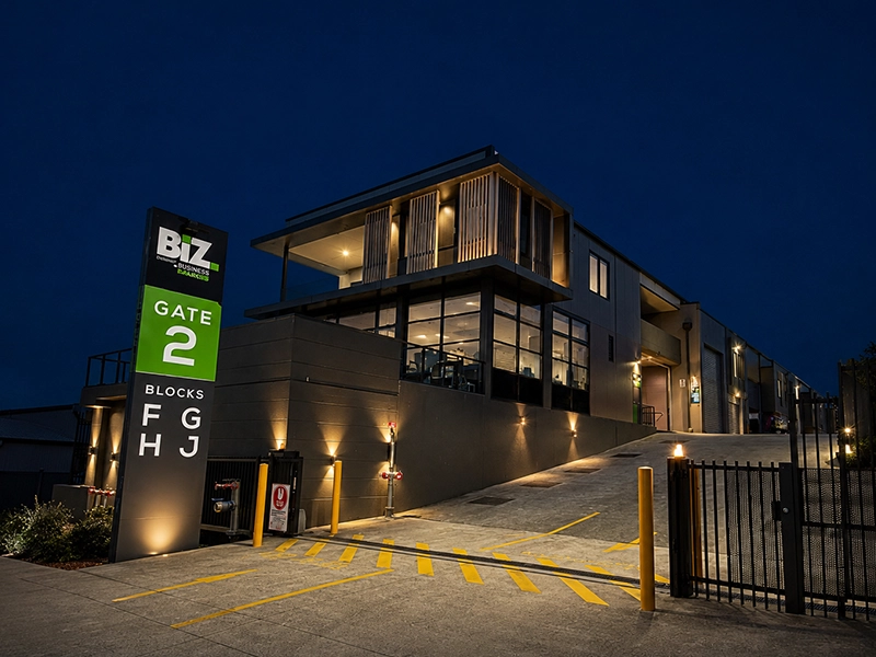 Commercial outdoor lighting installed around a Sydney business property entrance and driveway