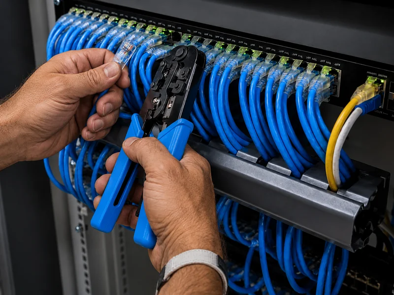 Technician terminating blue network cables on a patch panel for ACMA-registered compliant data cabling in Sydney