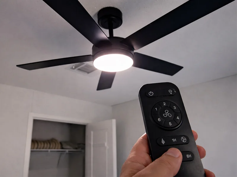 DC motor ceiling fan with integrated light and remote control installed in a bedroom