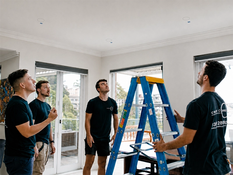Electricians assessing ceiling layout for LED downlight installation in a Sydney home