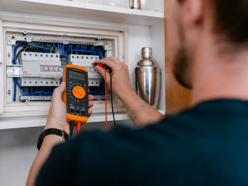 Electrician testing switchboard circuits with a multimeter for an EV charger installation in Sydney