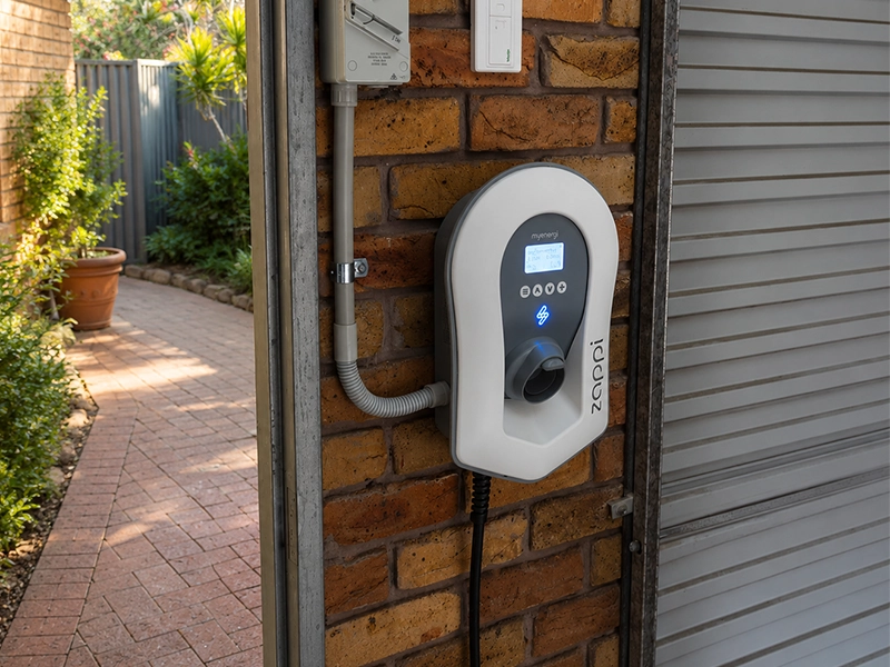 sydney-home.webp Myenergi Zappi EV charger with dedicated conduit installed for three-phase charging at a Sydney property