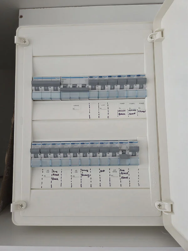 Open Hager indoor sub-board showing clearly labeled RCBO switches
