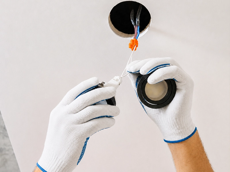 LED downlight wiring being checked during a lighting repair in a Sydney home