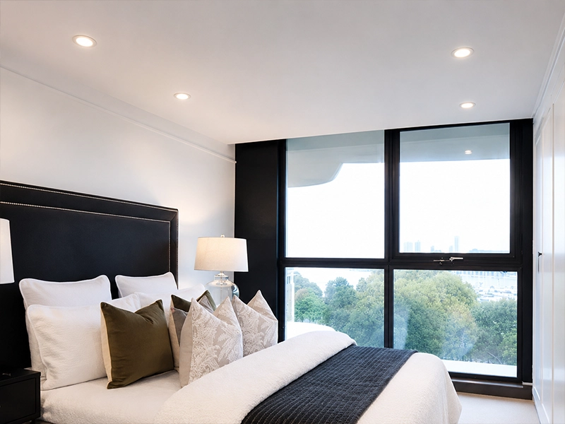 Bedroom LED downlights providing warm, even lighting in a Sydney home