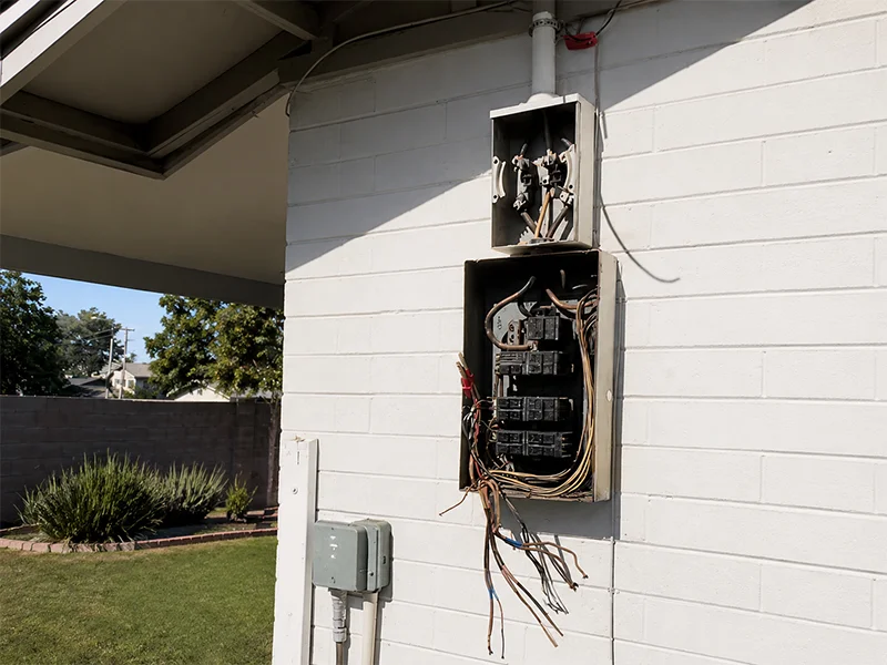Old exposed switchboard wiring showing legacy electrical risks in a Sydney building