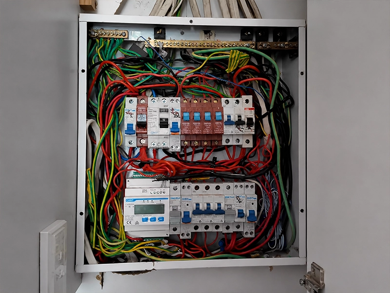 Overcrowded electrical switchboard with dense wiring and circuit breakers in a Sydney property