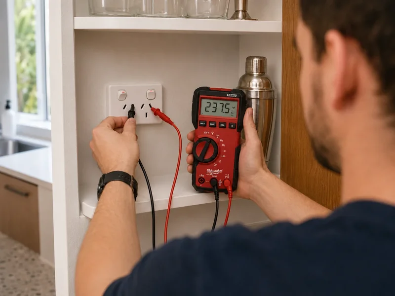 Electrician using a digital multimeter to test voltage at a kitchen power point during a pre-handover electrical safety check in Sydney
