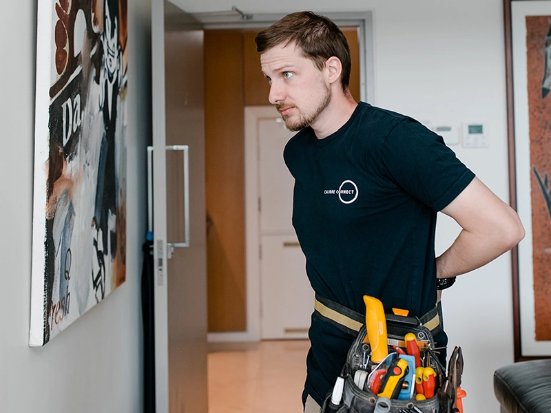 Licensed electrician checking ceiling and room conditions before LED downlight installation in Sydney