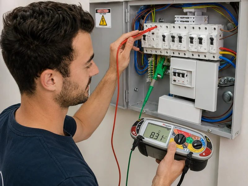 Electrician measuring RCD trip time on a consumer switchboard with a multifunction tester in Sydney