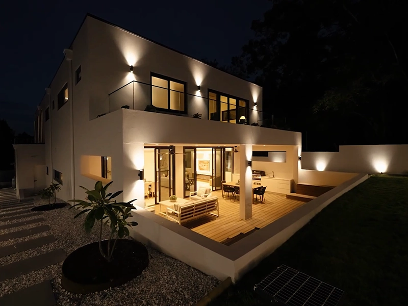 Residential outdoor lighting installed around a modern Sydney home exterior