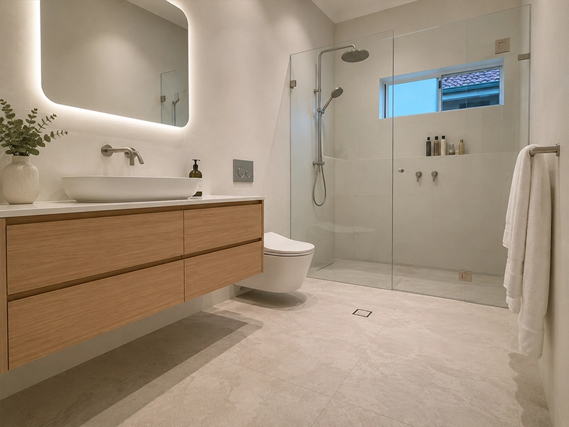 Bathroom floor area suited to a small electric underfloor heating comfort zone in a Sydney home