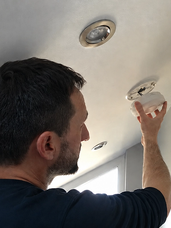 Electrician testing a smoke alarm during installation and certification in a Sydney home